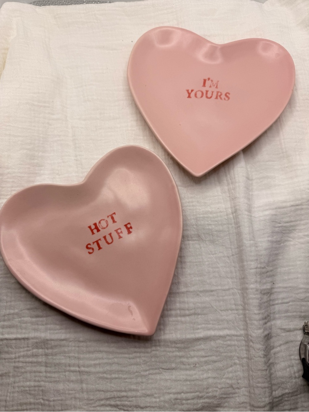 Pottery Barn Pink Heart Dishes - "HOT STUFF" and "I'M YOURS"